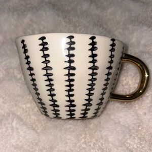 World Market Stoneware Mug • Black + White with Gold Handle • 12oz